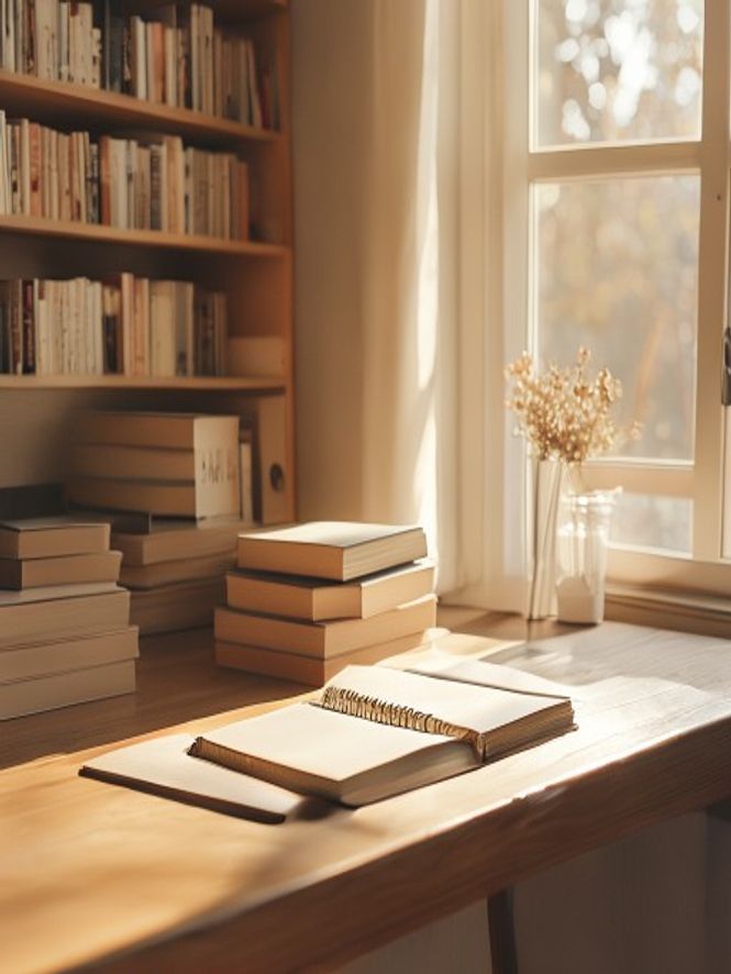 Minimalistisk arbetsplats med böcker, anteckningsblock och stilleben på skrivbord